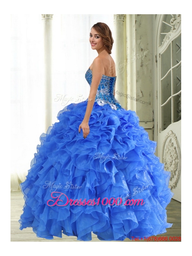 Designer Beading and Ruffles Sweetheart Blue Quinceanera Gown for 2015 Spring