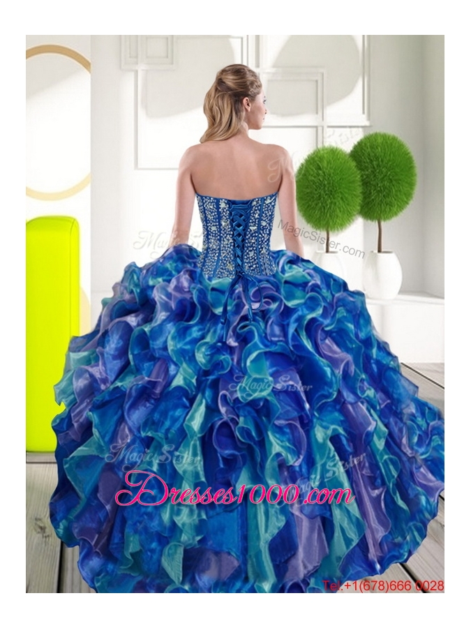 Fashionable Beading and Ruffles Sweetheart 2015 Sweet 15 Dresses in Multi Color