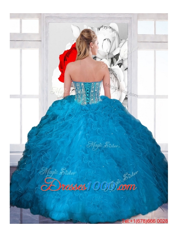 Fashionable Beading and Ruffles Sweetheart Teal Quinceanera Dresses for 2015