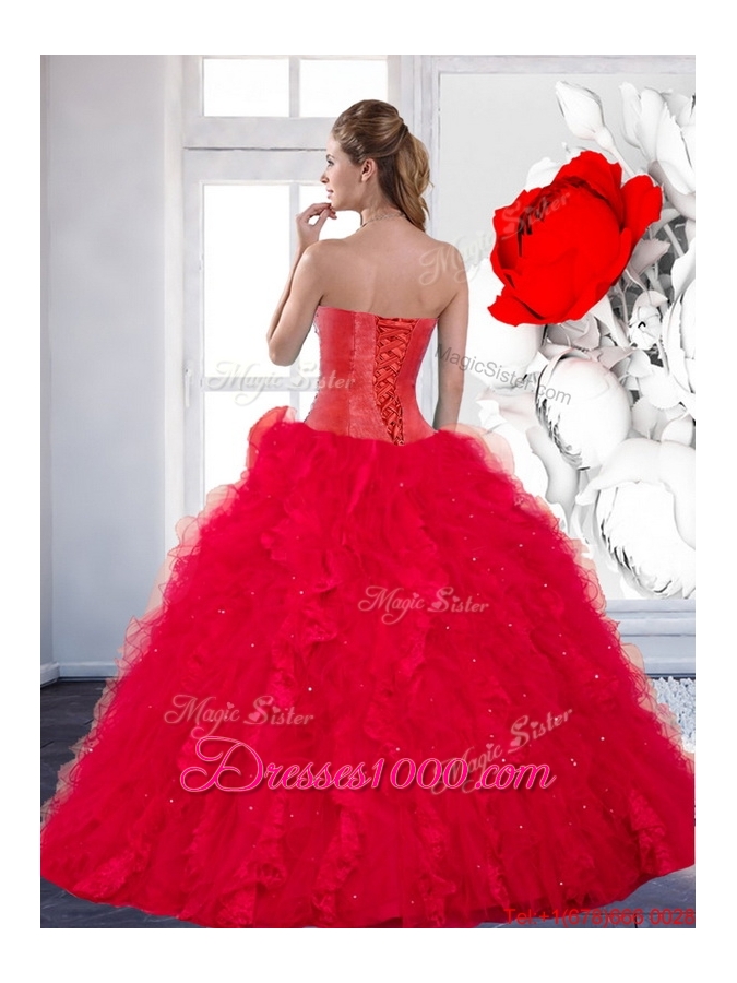 2014 Designer Sweetheart Red Quinceanera Dress with Beading and Ruffles