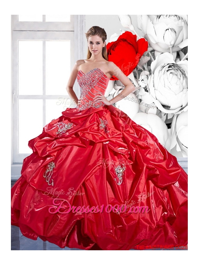 2015 Beading and Appliques Red Sweet Fifteen Dresses with Brush Train and Pick Ups