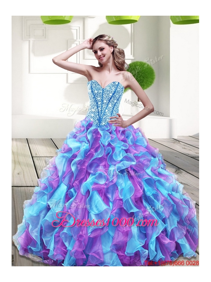 2015 Designer Beading and Ruffles Sweetheart Quinceanera Dresses in Multi Color