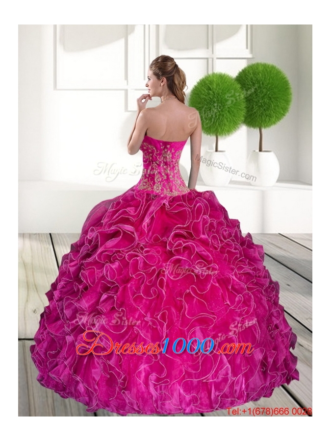 2015 Elegant Hot Pink Quinceanera Gown with Ruffles and Appliques