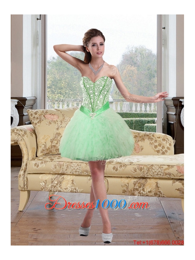 2015 Fashionable Beading and Ruffles Sweetheart Quinceanera Gown in Apple Green