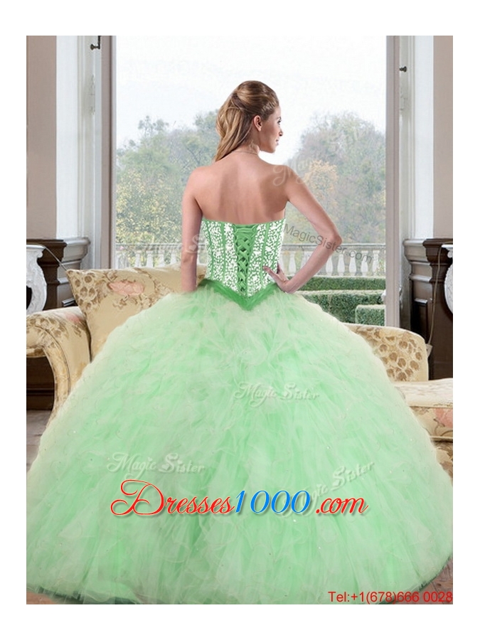 2015 Fashionable Beading and Ruffles Sweetheart Quinceanera Gown in Apple Green