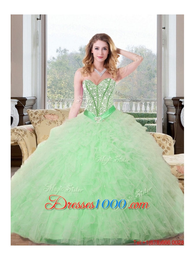 2015 Fashionable Beading and Ruffles Sweetheart Quinceanera Gown in Apple Green