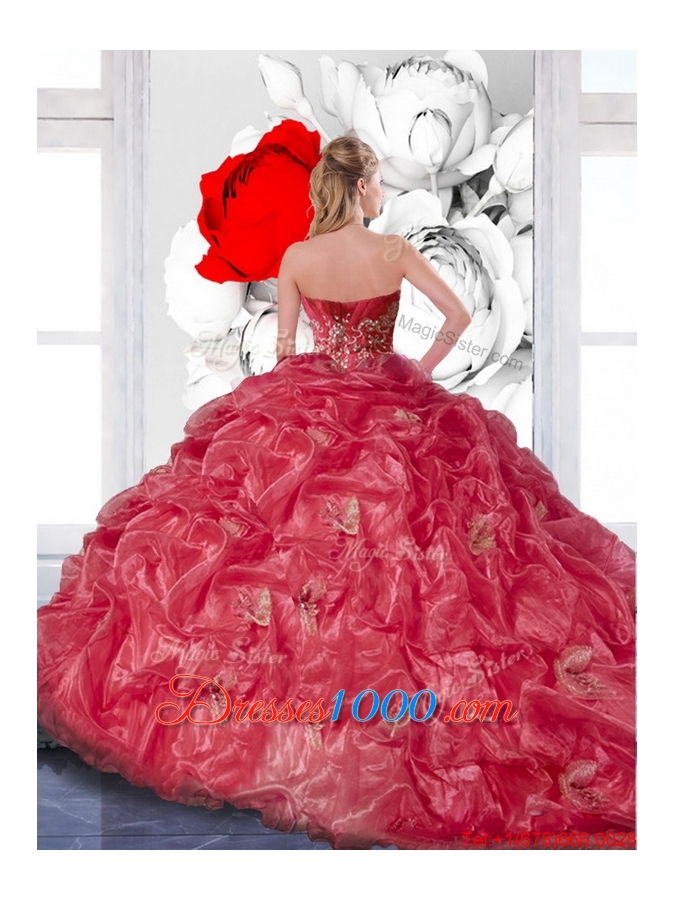 2015 New Style Appliques and Ruffles Quinceanera Dress in Coral Red
