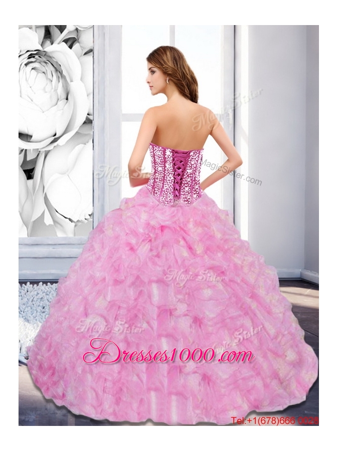 2015 Sweetheart Beading and Ruffles Rose Pink Vestidos de Quinceanera