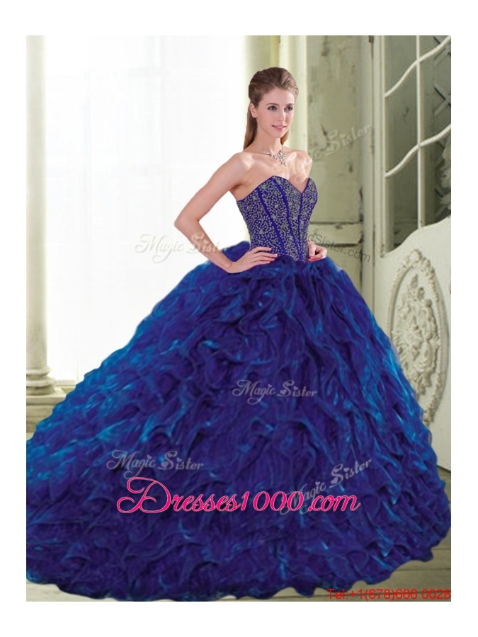 Elegant 2015 Sweetheart Beading and Ruffles Navy Blue Quinceanera Dresses