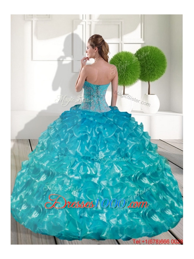 Fashionable Sweetheart Teal Sweet 15 Dresses with Appliques and Ruffled Layers