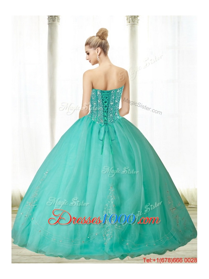 Most Popular Beading and Appliques Turquoise Sweetheart Quinceanera Dresses for 2015