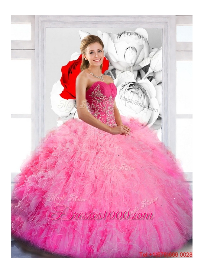 Most Popular Strapless 2015 Quinceanera Gown with Ruffles and Appliques