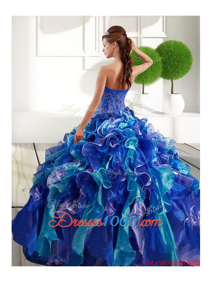 Most Popular Sweetheart 2015 Quinceanera Gown with Appliques and Ruffles