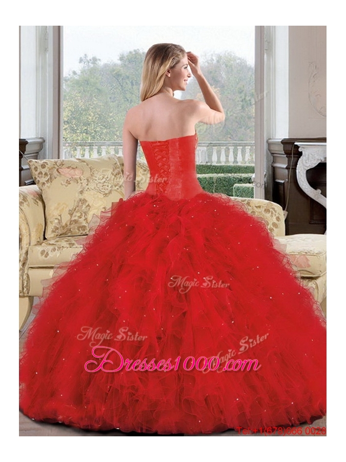 2015 Exquisite Sweetheart Red Quinceanera Dresses with Appliques and Ruffles