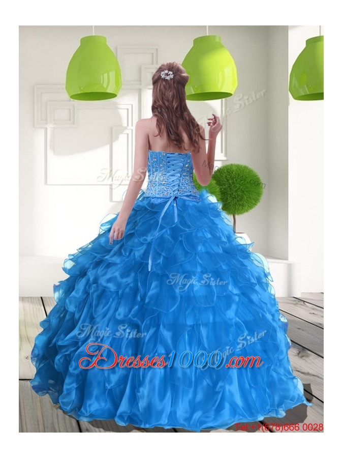 2015 Most Popular Blue Quinceanera Dress with Ruffles and Beading