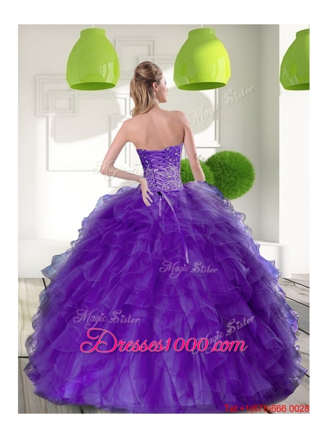 Designer Beading and Ruffles Sweetheart 2015 Quinceanera Dresses in Purple