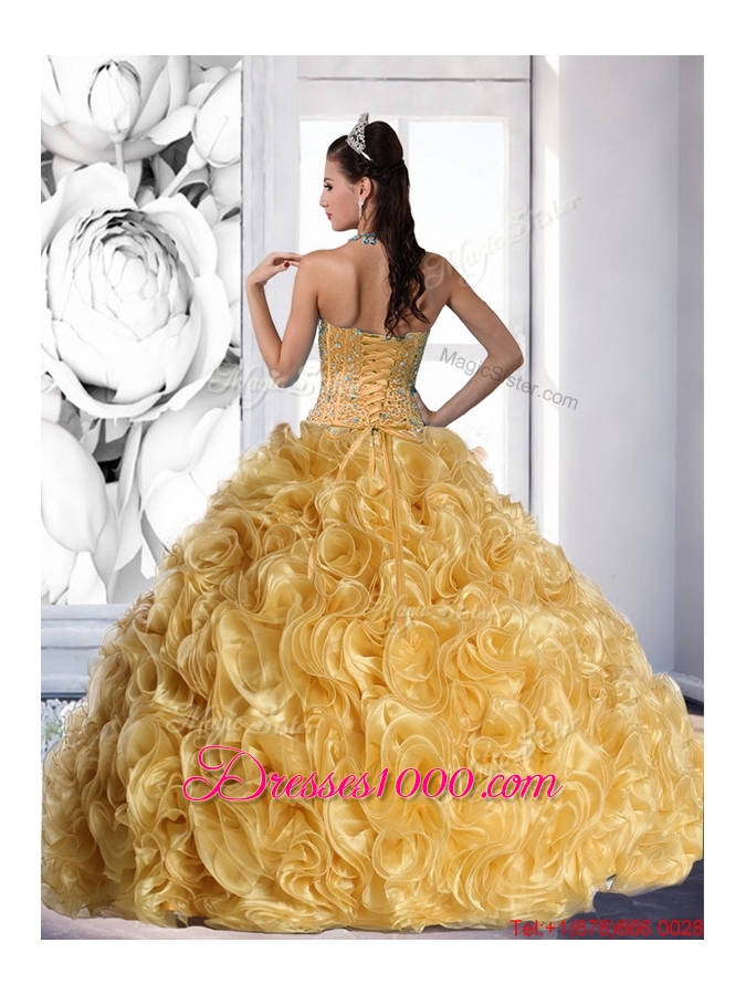 Fashionable Strapless Gold 2015 Quinceanera Dress with Beading and Rolling Flowers