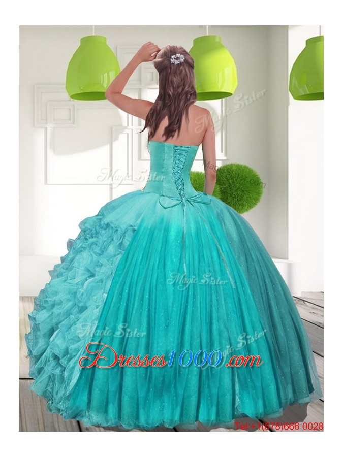 Most Popular Beading and Ruffles Strapless Aqua Blue Quinceanera Dresses for 2015