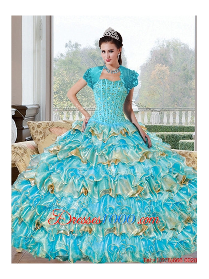 Multi Colored Beading and Ruffled Layers Sweetheart Quinceanera Dresses for 2015