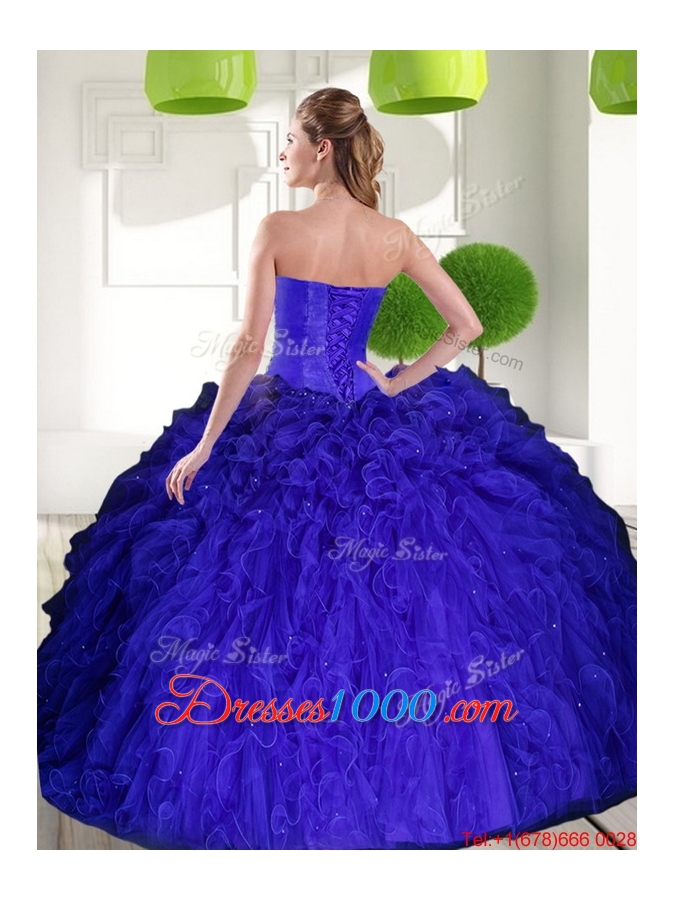 New Style Peacock Blue Sweetheart Beading Ball Gown Quinceanera Dress with Ruffles