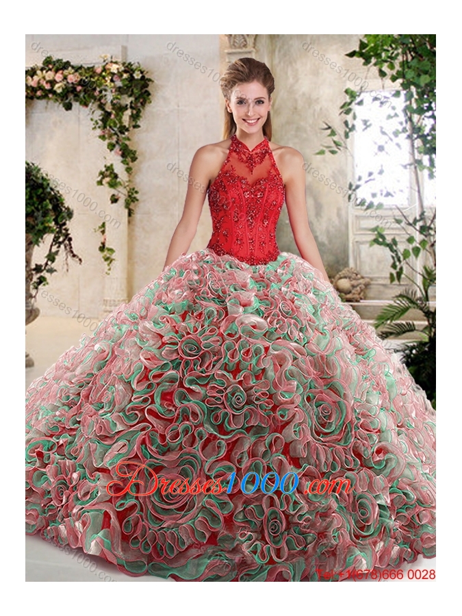 Hot Sale Appliques and Ruffles Sweet 16 Dresses with Halter Top