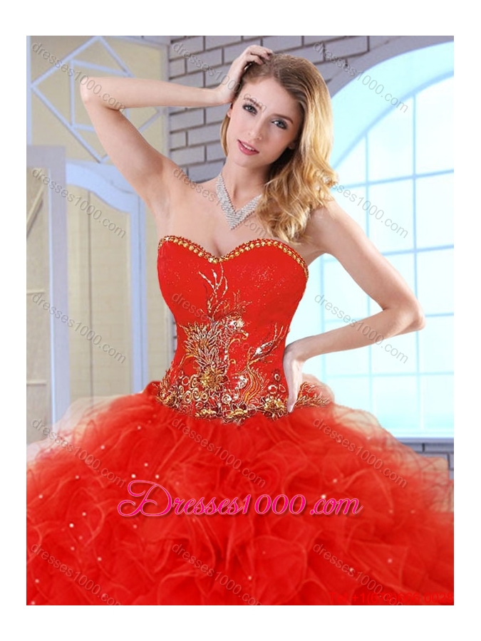 2015 Fall Beautiful Red Quinceanera Dresses with Appliques and Ruffles