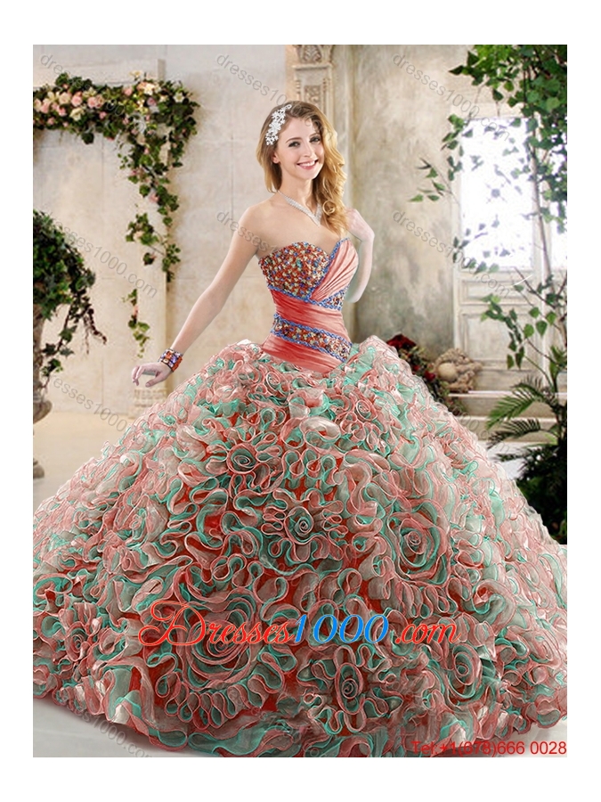 2016 Modest Brush Train Quinceanera Gowns with Beading and Ruffles