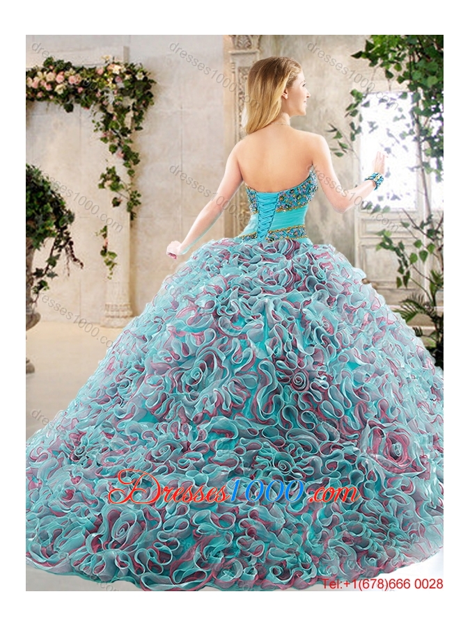 2016 Modest Brush Train Quinceanera Gowns with Beading and Ruffles