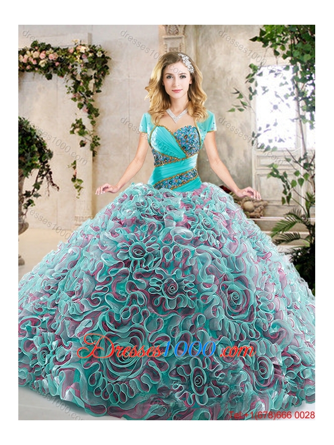 2016 Modest Brush Train Quinceanera Gowns with Beading and Ruffles