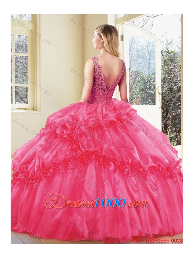 2016 Modest V Neck Quinceanera Dresses with Appliques and Ruffles