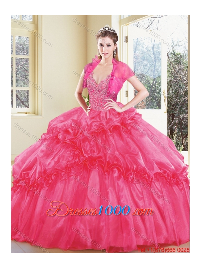 2016 Modest V Neck Quinceanera Dresses with Appliques and Ruffles