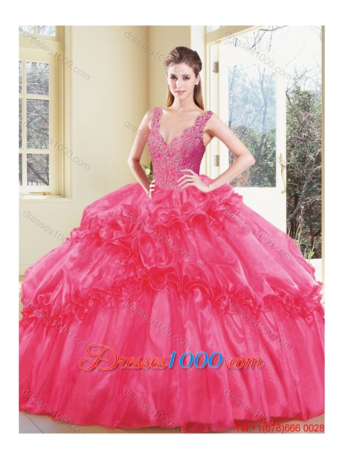 2016 Modest V Neck Quinceanera Dresses with Appliques and Ruffles
