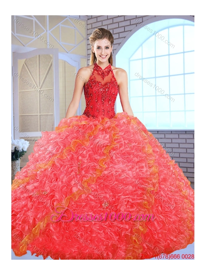 Cheap Appliques and Ruffles Quinceanera Gowns with High Neck