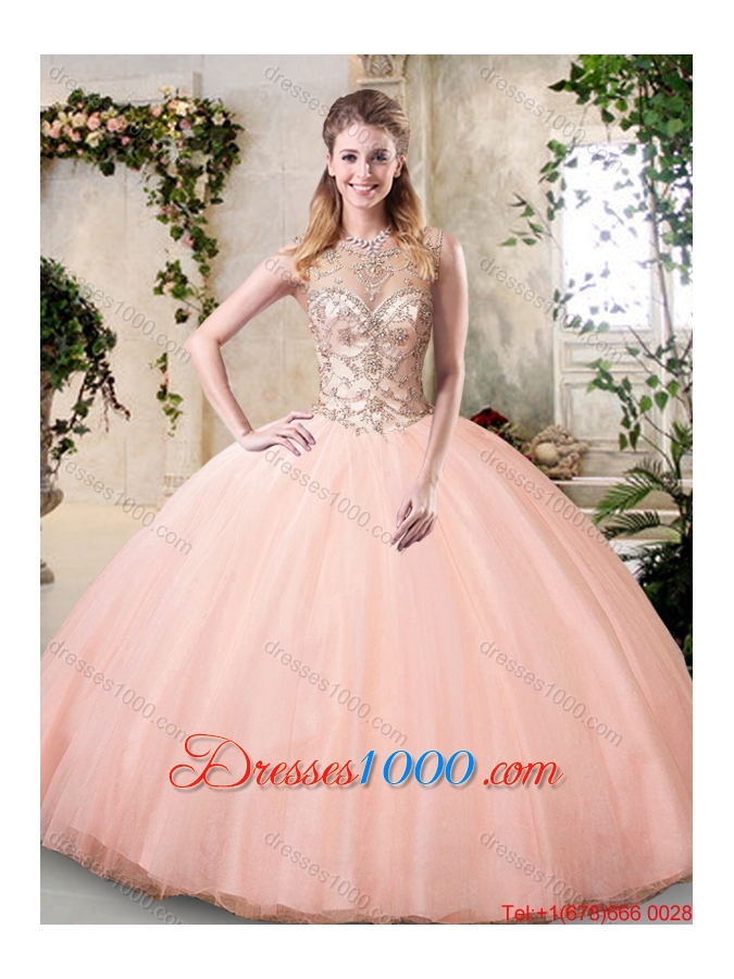 Modest Bateau Peach Quinceanera Dresses with Beading