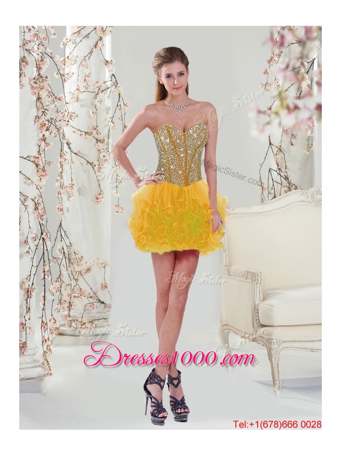 2015 Fall Detachable Sweetheart Yellow Modest Quinceanera Dresses with Beading and Ruffles
