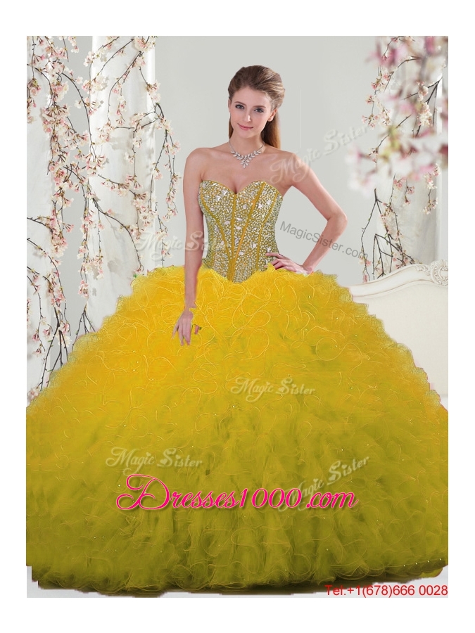 2015 Fall Detachable Sweetheart Yellow Modest Quinceanera Dresses with Beading and Ruffles
