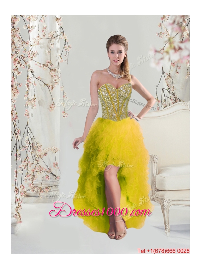 2015 Summer Cheap Sweetheart Beaded and Ruffles Detachable Quinceanera Dresses in Yellow