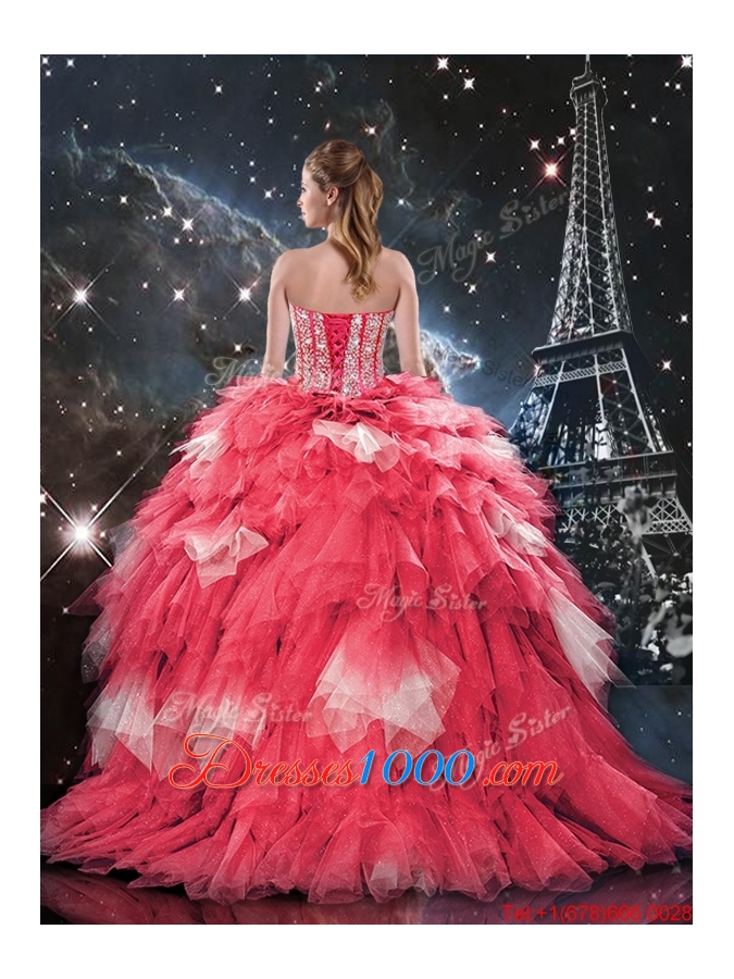 2015 Summer Popular Beaded Ball Gown Quinceanera Dresses with Brush Train