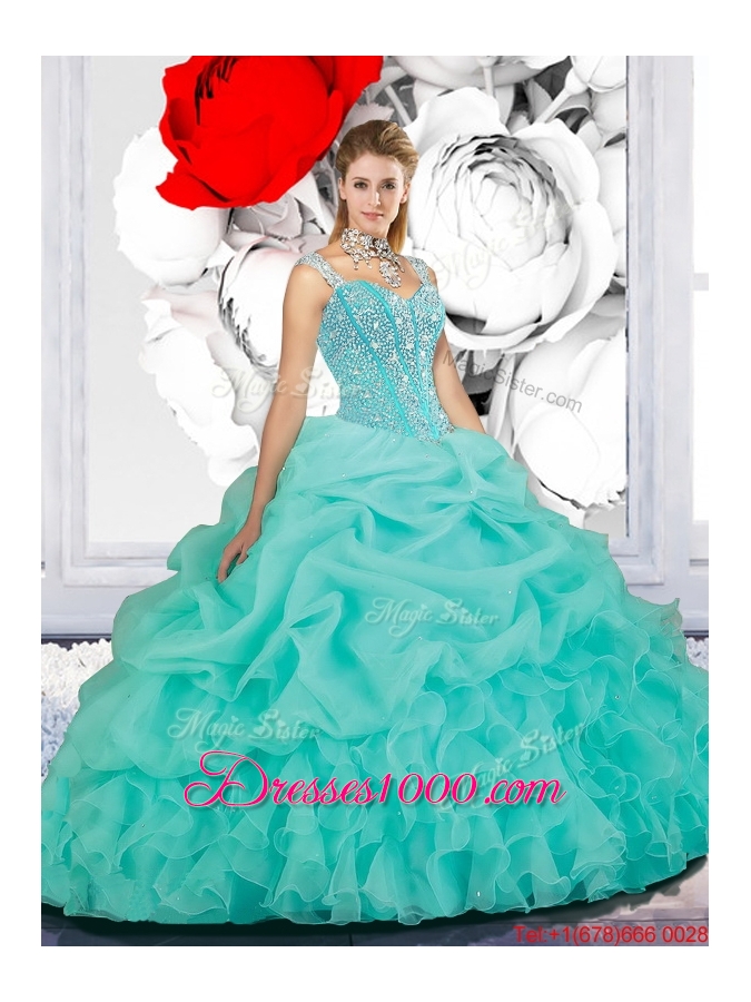 2016 Fall New Style Straps Ball Gown Detachable Quinceanera Dresses in Turquoise
