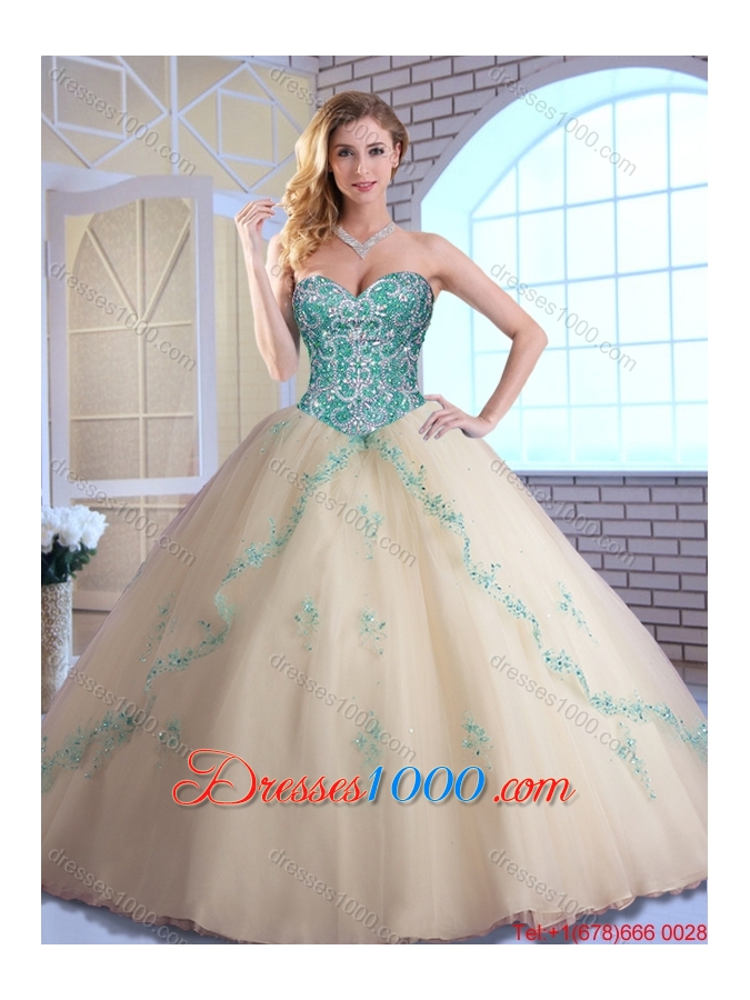 2016 Pretty Champagne Quinceanera Dresses with Appliques and Beading