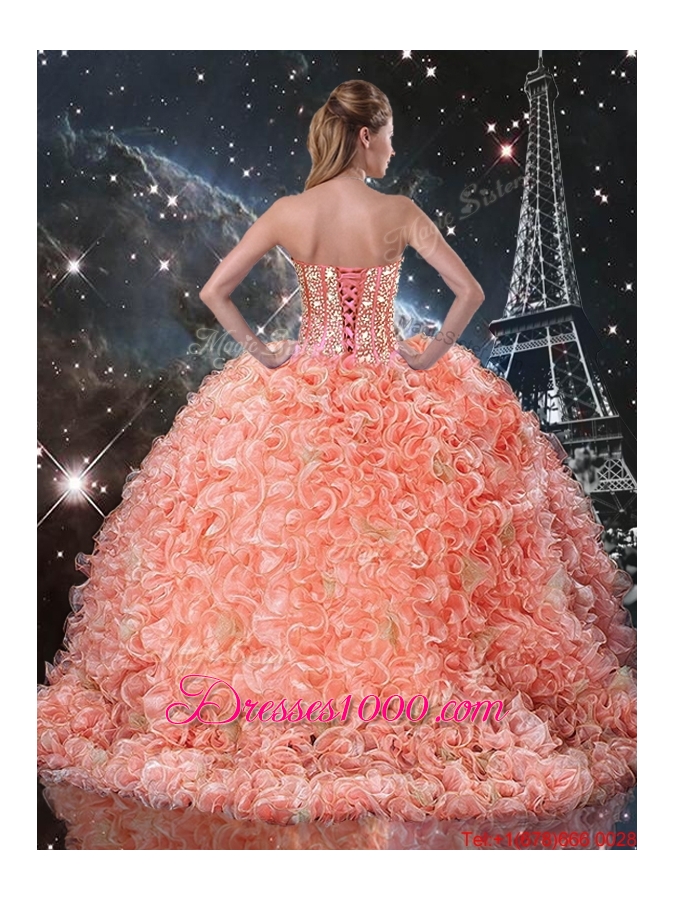 2016 Summer Popular Beaded and Ruffles Quinceanera Dresses with Brush Train