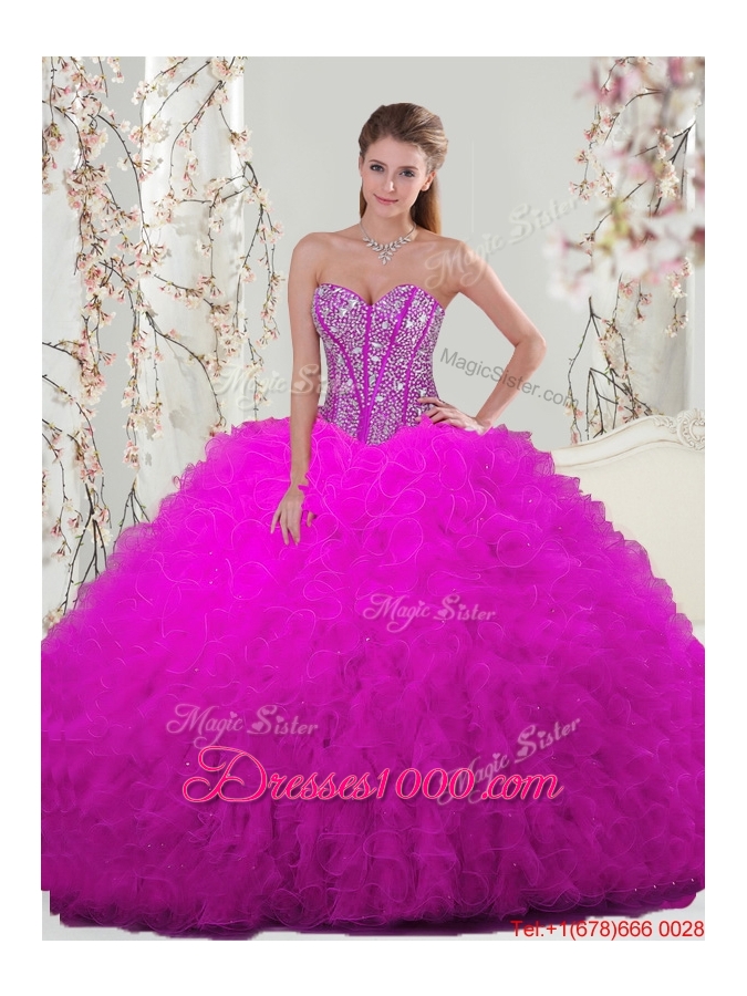 2016 Winter Perfect and Detachable Sweetheart Ball Gown Beaded and Ruffles Quinceanera Dresses in Fuchsia