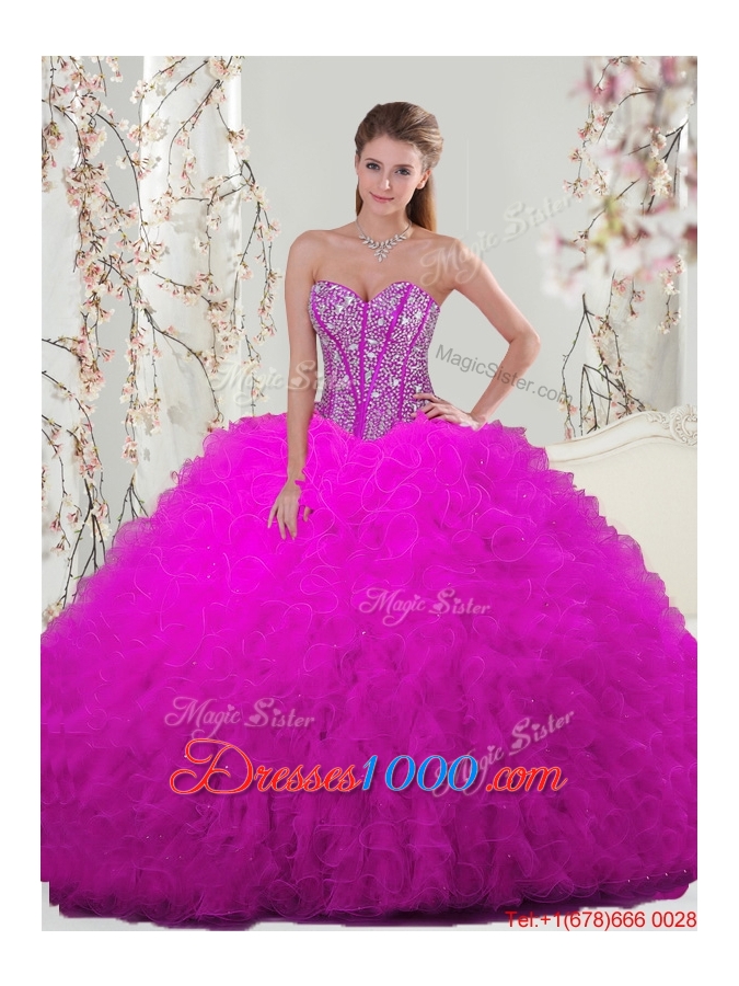 Detachable Sweetheart Fuchsia Beautiful Quinceanera Dresses with Beading and Ruffles