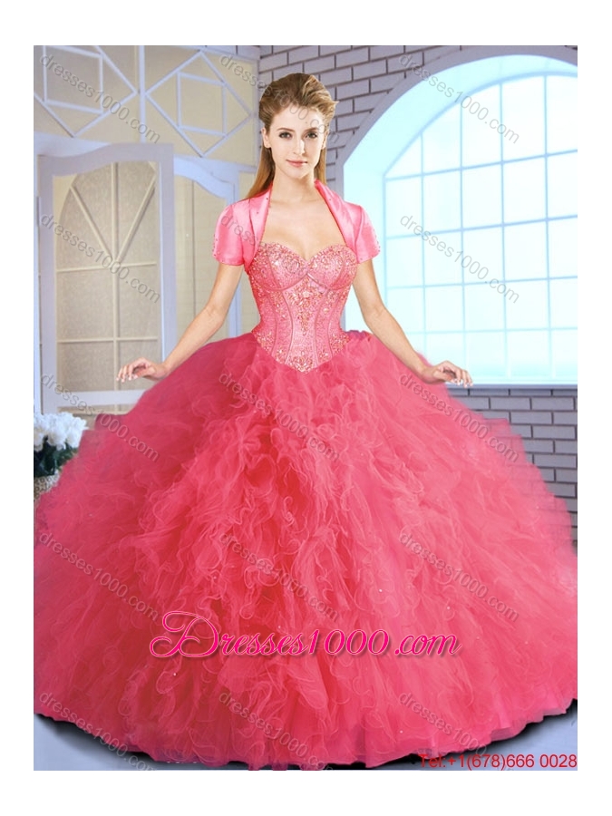 Elegant Ruffles and Sequins Quinceanera Gowns in Coral Red