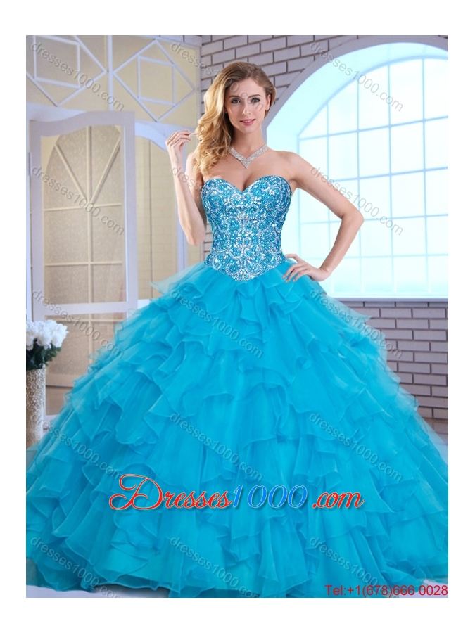 Exquisite Aqua Blue Sweet 16 Gowns with Beading and Ruffles