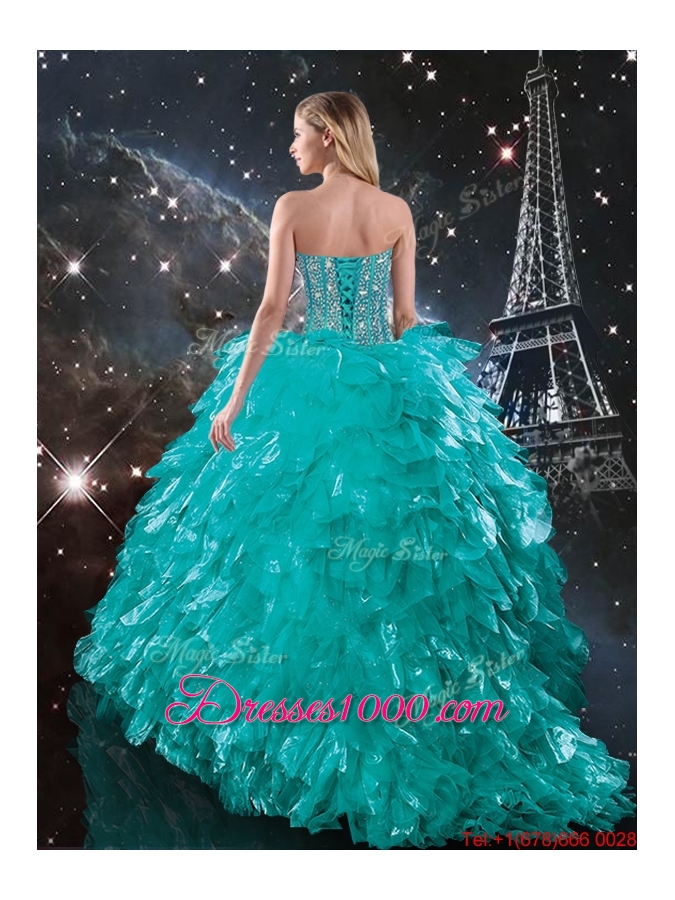 Luxurious 2015 Fall Brush Train Turquoise Quinceanera Dresses with Beading and Ruffles