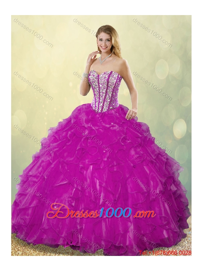 2015 Fall Latest Ball Gown Fuchsia Quinceanera Dresses with Beading