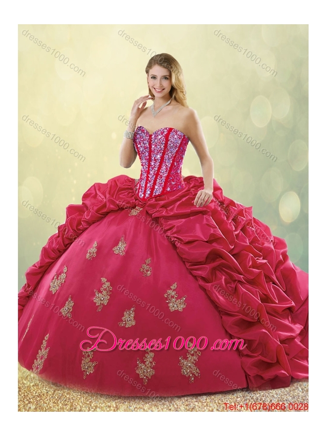 2015 Fall Latest Brush Train Beading Detachable Quinceanera Dresses in Coral Red