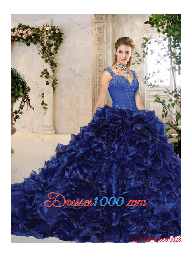 2016 Perfect Straps Brush Train Quinceanera Gowns in Royal Blue