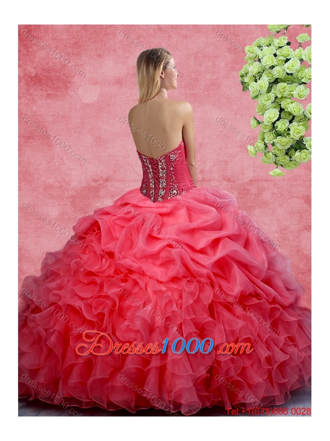 2016 Popular Beaded and Ruffles Quinceanera Gowns in Coral Red